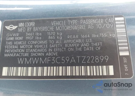 2010 Mini Cooper from USA, damaged, VIN WMWMF3C59ATZ22899